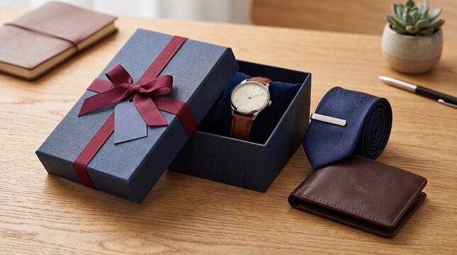 A stylish watch, dark blue tie with a silver clip, and a leather wallet are arranged on a wooden desk next to an open gift box, ready to be presented as a thoughtful gift for a special occasion.