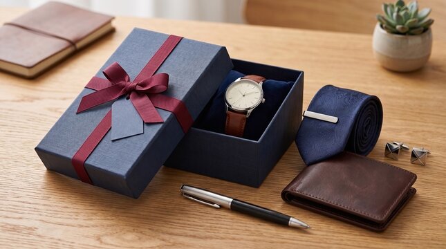 A premium gift box reveals a classic wristwatch, accompanied by a smart tie, a leather wallet, cufflinks, and a pen, all meticulously arranged on a wooden surface.