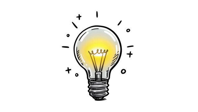 Isolated glowing light bulb hand drawn cartoon style creative idea solution inspiration concept
