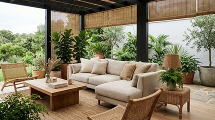Fototapeta premium Bohemian Outdoor Living Room with Plush Sofa and Natural Textures