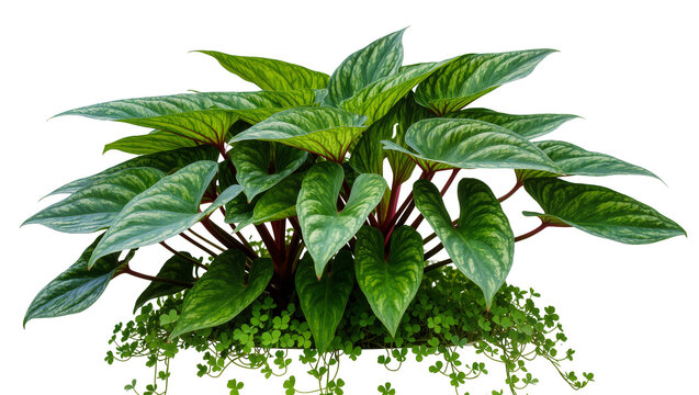 Isolated tropical foliage plant with striking green variegated leaves and bright red stems