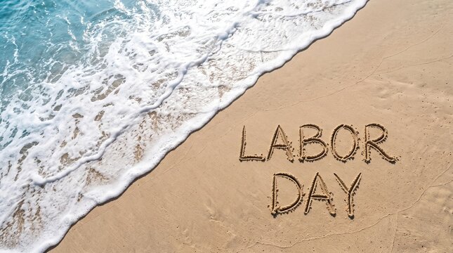 Labor day written in the sand on a beautiful sunny beach with ocean waves washing the shore