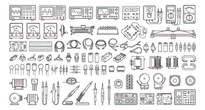 Electronic components and laboratory equipment vector set, outline icons of electrical engineering tools, circuit hardware and testing devices