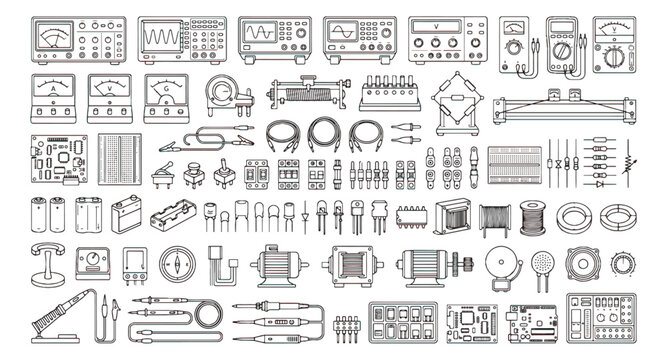 Vintage electronics engineering equipment icons, retro laboratory testing tools and circuit components vector set, technical electrical hardware illustrations