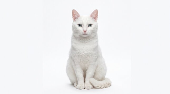 A pristine white cat with striking blue eyes sits serenely, its gaze direct and captivating, against a clean, minimalist backdrop.