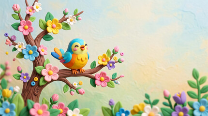 Obraz premium 春の花と小鳥が彩るナチュラルガーデン 3Dクレイ風コピースペース背景