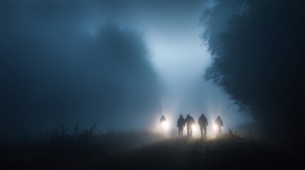 Fototapeta premium Search Team Moves Through Dark Foggy Forest With Powerful Flashlights During Urgent Missing Person Operation