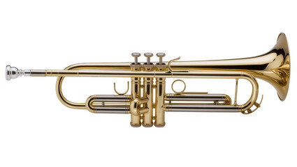 Isolated professional shiny golden brass trumpet wind instrument close up side view studio shot © Francisco