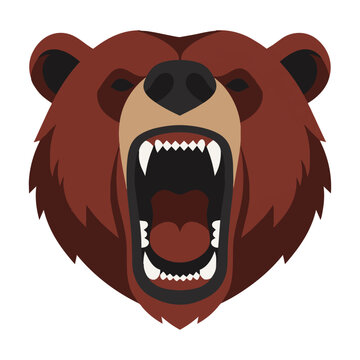 Grizzly bear head roaring with mouth open and sharp teeth bared in a bold minimalist geometric style isolated on a white background wildlife concept