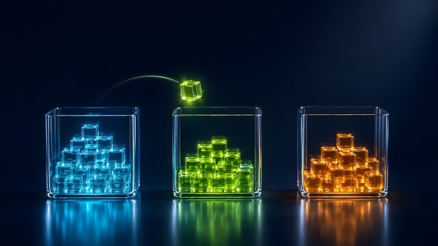 Glass Containers With Colorful Cubes And Glowing Cube Moving Between Them Representing Data Organization And Transfer