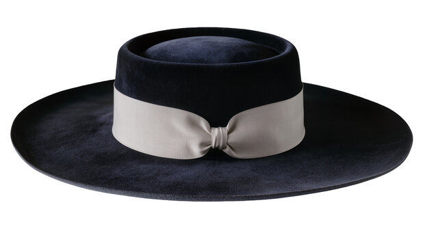 Isolated sophisticated dark blue velvet hat with wide flat brim and elegant ribbon band