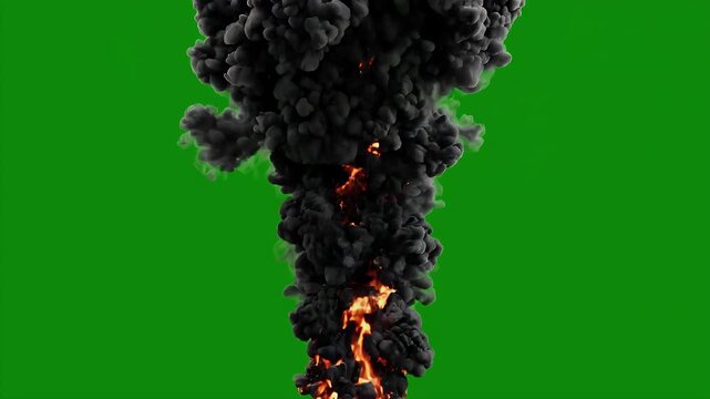 Massive column of dark black smoke and raging fire rising up against a chroma key green screen background for video editing