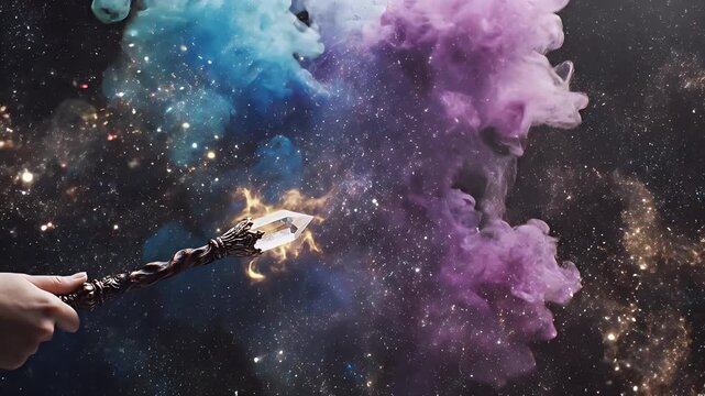 A blazing fiery torch attached to a twisted metal chain extends through a dark cosmic background