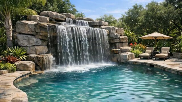 A luxurious swimming pool with a captivating waterfall feature.