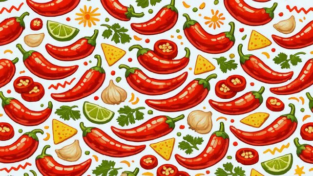 Vibrant red chili peppers scattered across white background. Lime slices, garlic cloves, and cilantro leaves mix with cheese wedges. Colorful, cartoon-style food pattern repeats seamlessly