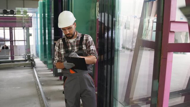Factory worker inspecting glass panels and taking notes