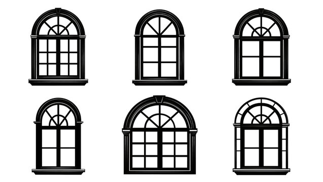 Isolated set of various elegant arched window frame silhouettes for architectural design