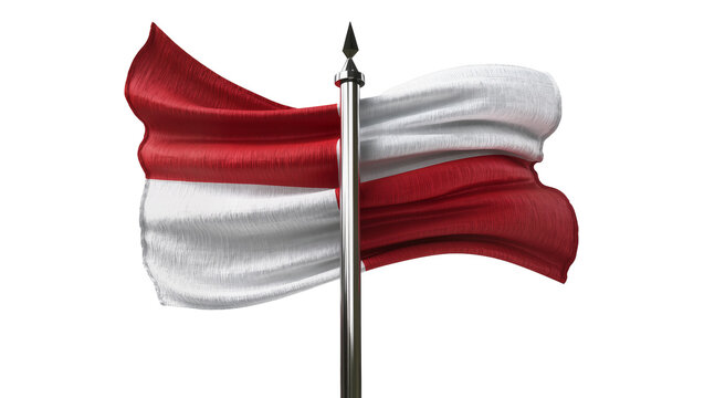 Isolated waving flag with vibrant red and white horizontal stripes on a gleaming flagpole
