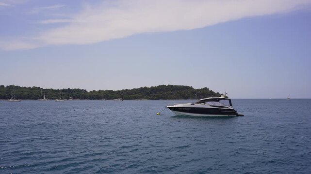 Luxury Motor Yacht Anchored off Rovinj Coast, Croatia.Filmed on July 17,2026.