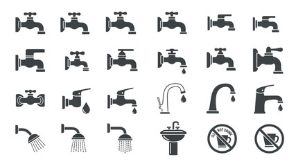 Fototapeta premium Collection of Water Faucet and Plumbing Fixture Icons Featuring Various Designs for Kitchen and Bathroom Infrastructure Projects