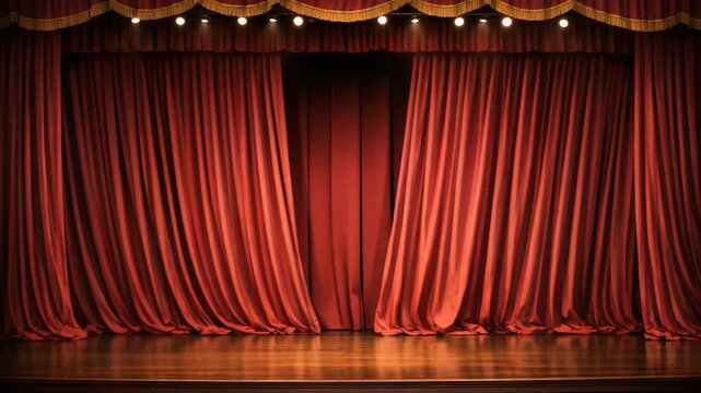A dramatic theater setting with red velvet curtains and illuminated edges.