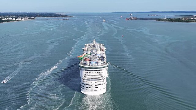 SOUTHAMPTON, UK - JULY 30, 2026: Aerial view of Royal Caribbean cruise ship Liberty of the Seas sailing out to sea.