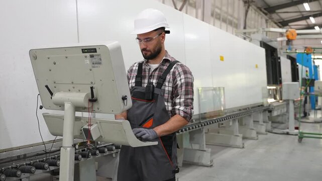 Industrial engineer operating a cnc machine in a glass factory
