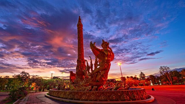 Daily life scene at Thung Sri Mueang Public Park in Ubon Ratchathani, Thailand, showing a diverse community engaging in physical activities and wellness routines in the heart of the city.