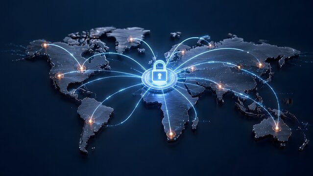 Dark metallic world map with glowing blue network lines converging on central digital padlock representing global cybersecurity hub and data protection.