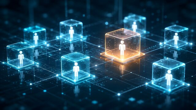 Glowing orange digital cube with human icon standing out among blue nodes representing talent acquisition and unique user profile.