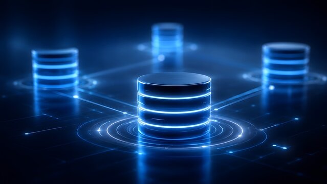 Network cluster of multiple glowing database server nodes connected on futuristic digital grid representing distributed data storage infrastructure.