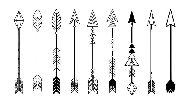 Tribal ethnic hipster geometric arrow set black and white line art vector design elements for tattoos prints boho decoration