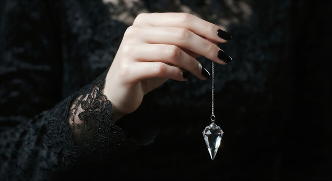 Woman's hand with black nail polish holding a crystal pendulum, spiritual and mystical concept.