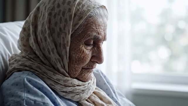 Close-Up Profile of an Elderly Woman with Closed Eyes Wearing a Patterned Headscarf in a Care Facility