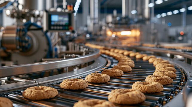 Freshly baked cookies moving along a curved industrial conveyor belt in a modern food factory. Perfect for manufacturing and confectionery production concepts.
