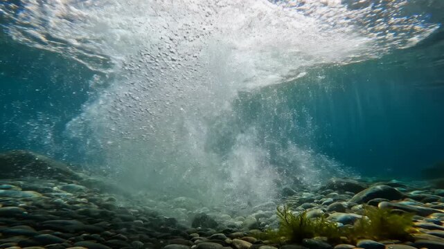 Underwater perspective of waterfall impact showing rising air bubbles and turbulence over rocky riverbed with smooth stones under clear blue mountain stream water.