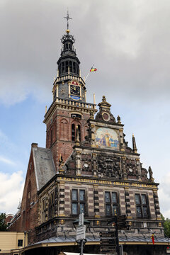 Historic Waaggebouw clock tower in Alkmaar city center, Netherlands