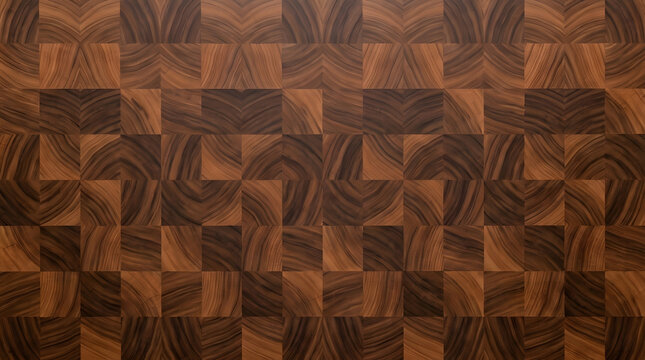 End Grain Wood Texture, Walnut Butcher Block Pattern, Dark Brown Timber Surface, Geometric Mosaic Background for Design