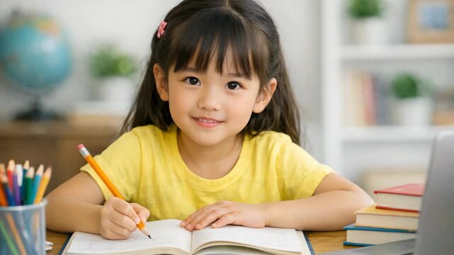 A cheerful child concentrating on drawing or writing in a notebook at school.