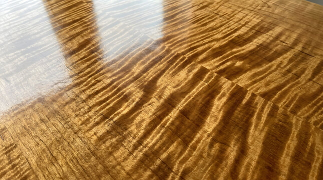 Richly Textured Figured Maple Wood Grain, Polished Golden Brown Surface, Abstract Natural Pattern, Warm Wood Background for Design