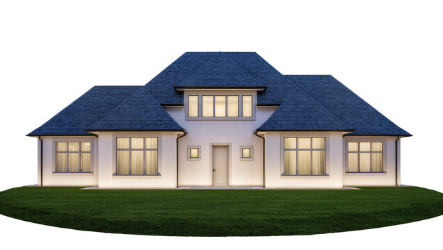 Isolated contemporary family house with a dark blue roof, bright illuminated windows, and green lawn