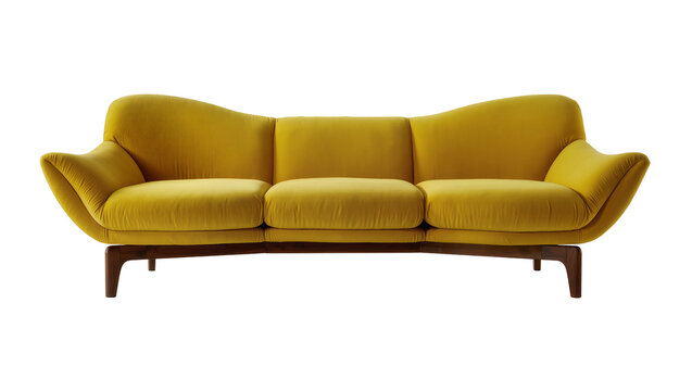 Isolated stylish modern three-seater yellow fabric sofa with elegant curved design and wooden legs
