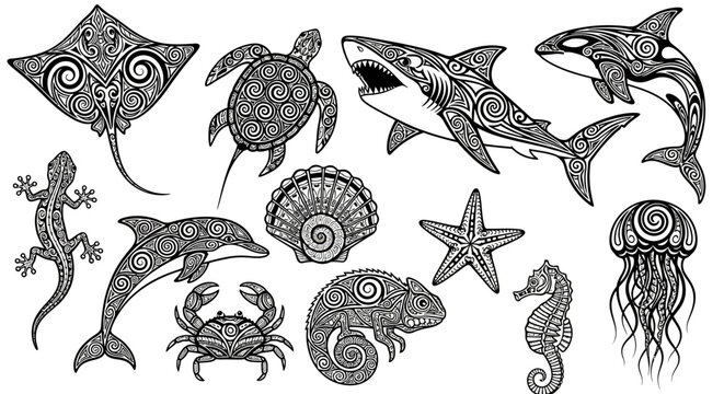 Hand drawn ornamental sea animals collection featuring mandala patterns and zentangle line art of marine creatures for tattoo designs
