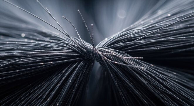 Extreme closeup of individual carbon nanotube fibers twisted into yarn during continuous spinning highlighting the microscopic scale and material strength.