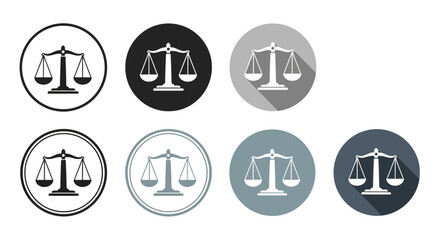 Fototapeta premium Modern graphic vector icons featuring balanced scales of justice symbols for legal fairness and ethical judgment principles