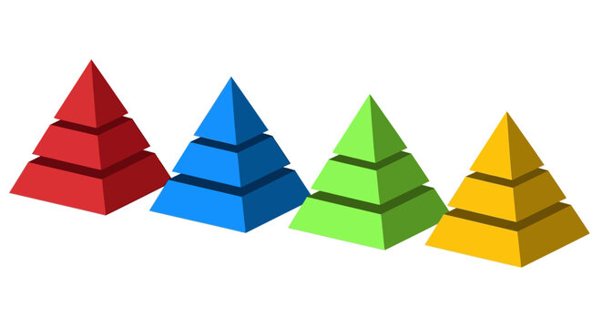 Four colorful 3D pyramid charts with distinct levels arranged in a row, representing stages or progress