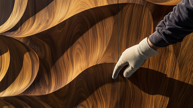 Modern wave pattern wooden wall panel texture with hand in glove checking surface quality.