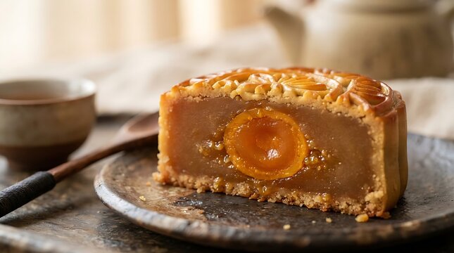 Traditional Chinese mooncake with salted egg yolk for Mid-Autumn Festival celebration served on a rustic plate with tea background in warm atmospheric food photography style