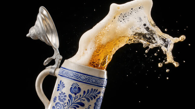 Traditional ceramic beer stein with pewter lid splashing golden foam and beer over black background. Dramatic close up. Bavarian carnival Oktoberfest festival celebrating concept with copy-space.