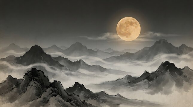 Large glowing full moon illuminating a misty mountain range during Mid-Autumn Festival with ethereal fog and dark peaks in a traditional Chinese ink wash painting style